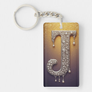Luxury Letter J Monogram in Diamond, Pearl Gold Key Ring