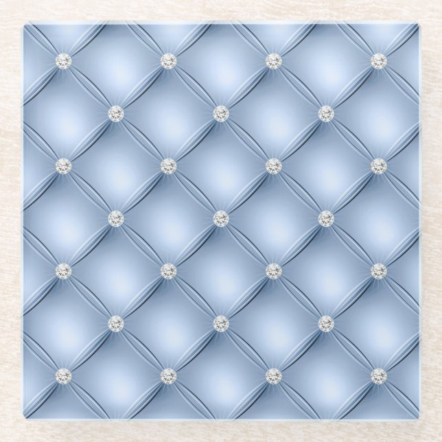 Luxury Light Blue Diamond Tufted Pattern Glass Coaster (Front)