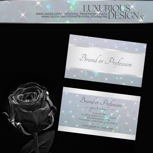 Luxury Light Blue Pearl Glitter with Sparkle Stars Business Card (Creator Uploaded)