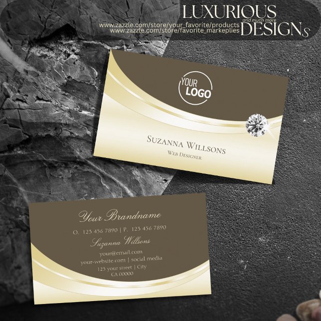 Luxury Light Gold Brown with Logo and Diamond Chic Business Card (Creator Uploaded)