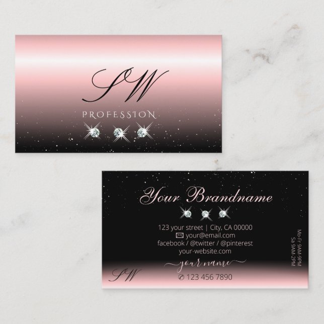 Luxury Light Pink Black Sparkle Diamonds Initials Business Card (Front/Back)
