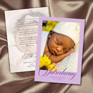 Luxury Lilac Introducing Photo Baby Thank You Card