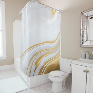 Luxury Liquid Gold and White Fluid Marble Shower Curtain