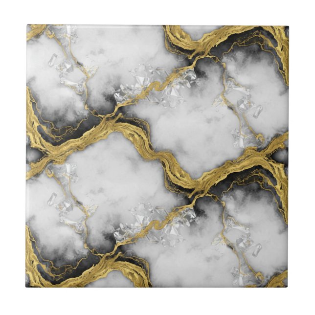 Luxury Liquid Gold White Marble Elegant Ceramic Tile (Front)