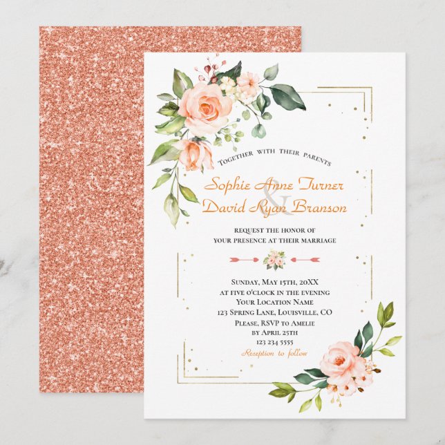 Luxury Living Coral Floral Gold Glitter Wedding Invitation (Front/Back)