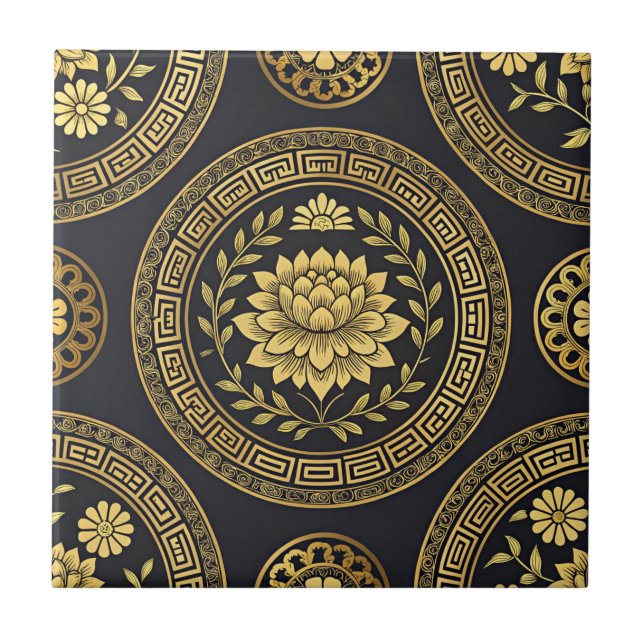 Luxury Lotus Mandala Gold Emblem Ceramic Tile (Front)