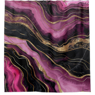 Luxury Magenta Black Agate Gold Glitter Waves Shower Curtain