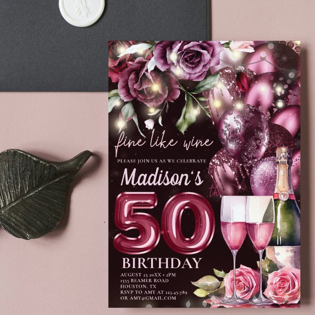 Luxury Magenta Wine Adult 50th Birthday Invitation (Creator Uploaded)
