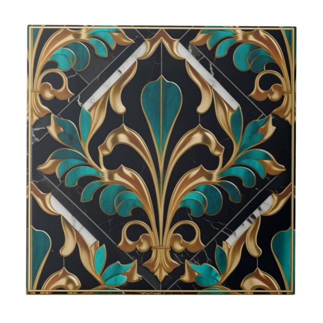 Luxury Malachite Art Deco Floral Marbled Pattern Ceramic Tile (Front)