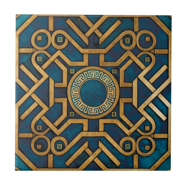 Luxury Marble art Deco Blue Gold Greek Key Ceramic Tile (Front)