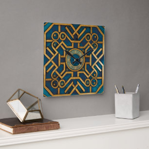 Luxury Marble art Deco Blue Gold Greek Key Square Wall Clock