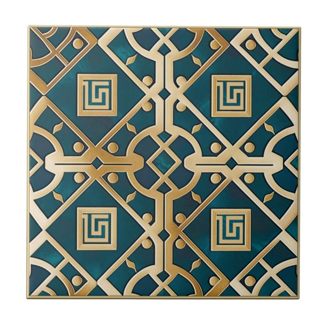 Luxury Marble Art Deco Greek Key Sea Green Gold Ceramic Tile (Front)