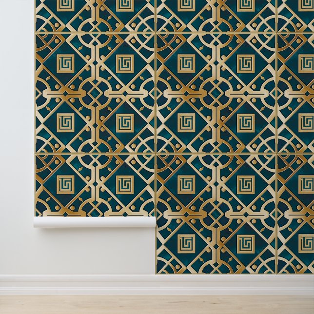 Luxury Marble Art Deco Greek Key Sea Green Gold Wallpaper (Application)