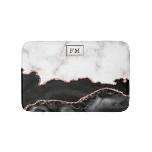 Luxury Marble Black Agate Gold Glitter Monogram Bath Mat