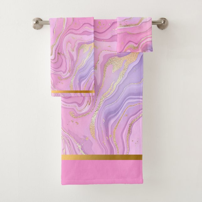 Luxury Marble Glitter Pink Purple Gold Bath Towel Set (Insitu)