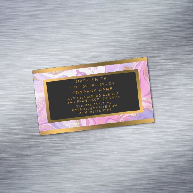 Luxury Marble Glitter Pink Purple Gold Magnetic Business Card (In Situ)