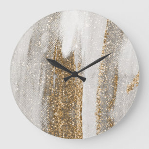 Luxury Marble Gold Strokes white and grey   Large Clock
