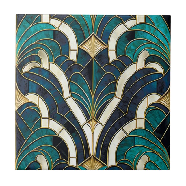 Luxury Marble Mosaic Art Deco Blue Gold & Teal Ceramic Tile (Front)