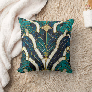 Luxury Marble Mosaic Art Deco Blue Gold & Teal Cushion