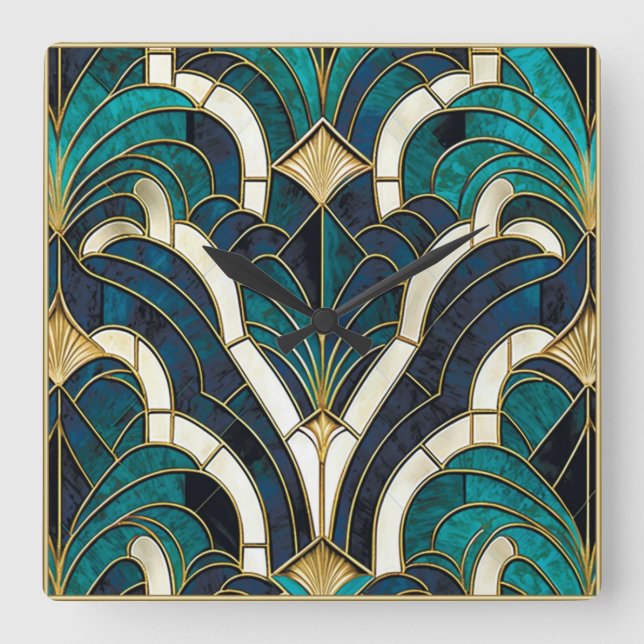 Luxury Marble Mosaic Art Deco Blue Gold & Teal Square Wall Clock (Front)