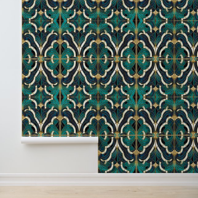 Luxury Marble Mosaic Art Deco Blue Gold & Teal Wallpaper (Application)