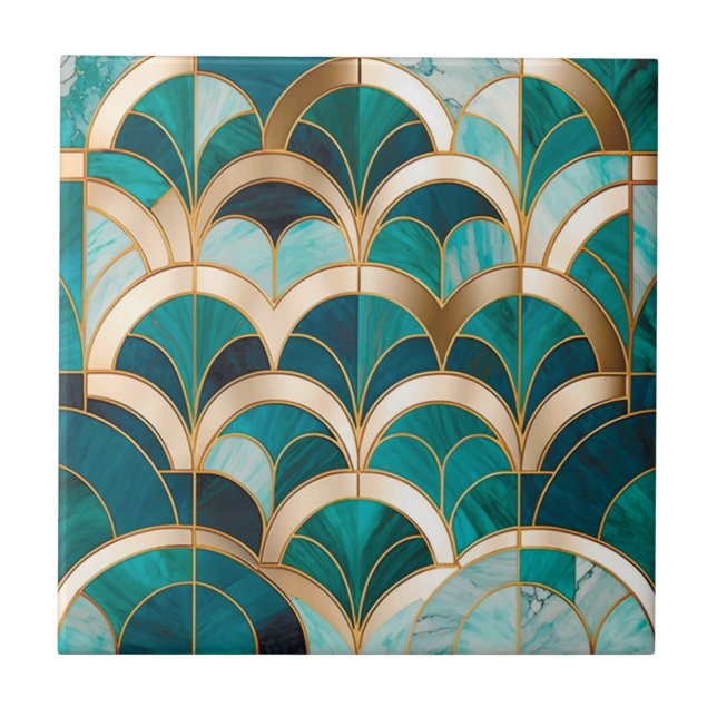 Luxury Marble Mosaic Art Deco Turquoise Blue Gold Ceramic Tile (Front)