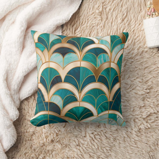 Luxury Marble Mosaic Art Deco Turquoise Blue Gold Cushion (Blanket)