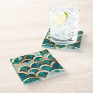 Luxury Marble Mosaic Art Deco Turquoise Blue Gold Glass Coaster