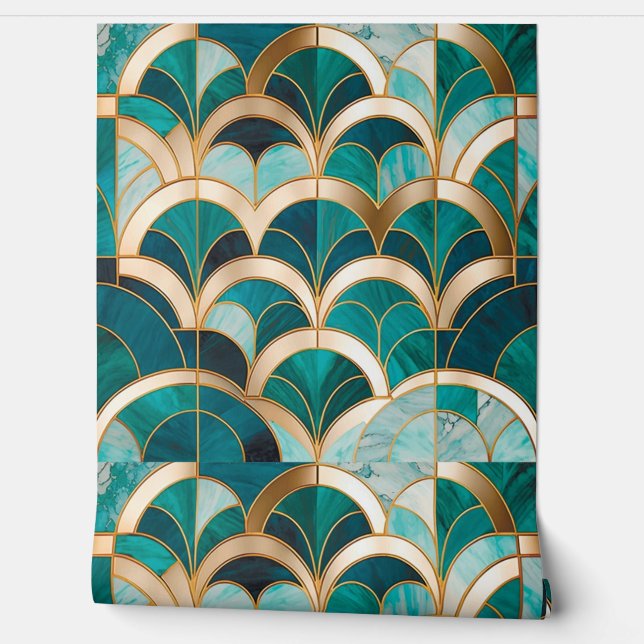 Luxury Marble Mosaic Art Deco Turquoise Blue Gold Wallpaper (Unrolling)