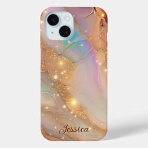 Luxury Marble Mother of Pearl Gold Veins Monogram  iPhone 15 Case