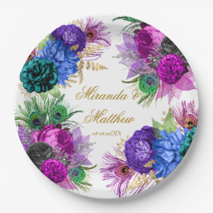 Luxury Mardi Gras Peacock Gold Peony Wedding Pape Paper Plate