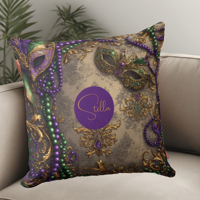 Luxury Mardi Gras Purple Gold Mask Beads Floral  Cushion (Creator Uploaded)
