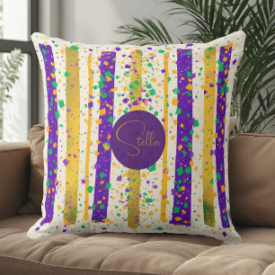 Luxury Mardi Gras Vibrant Purple Gold Green Stripe Cushion