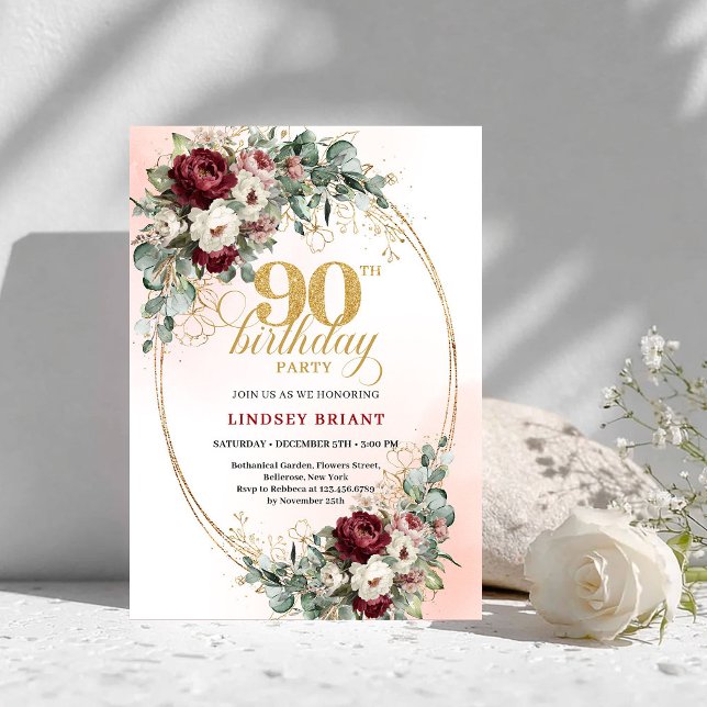 Luxury Maroon Peonies Eucalyptus 90th Birthday  Invitation (Luxury Maroon Peonies Eucalyptus 90th Birthday Invite)