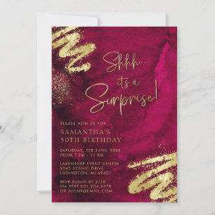 Luxury Maroon Red and Gold Surprise Birthday Party Invitation