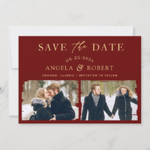 Luxury Maroon Red Gold Brush Stroke 2 Photo Save The Date