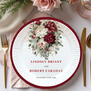 Luxury Marsala Floral Greenery Wedding Plates