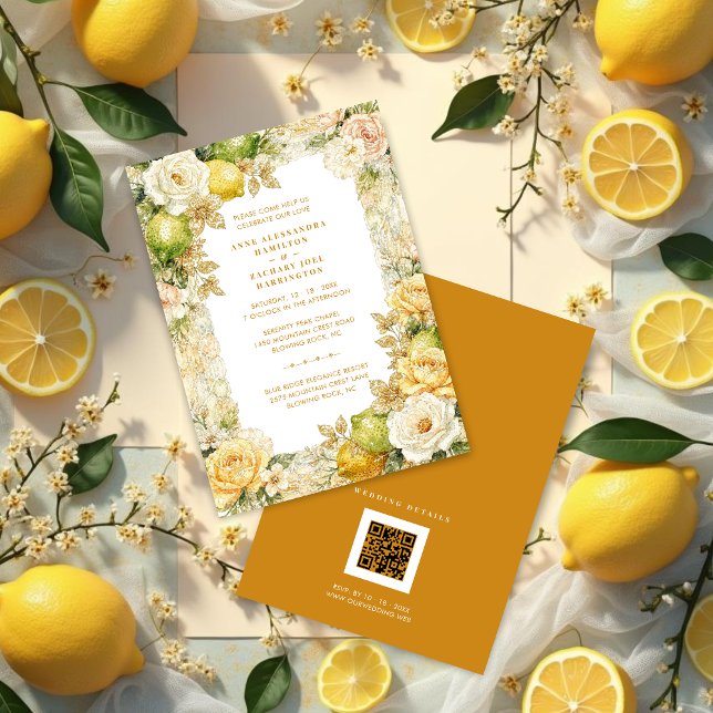Luxury Mediterranean Lemons & Flowers Wedding Invitation (Luxury Delicate Mediterranean Lemons & Flowers Frame Wedding Invitation Cards.)