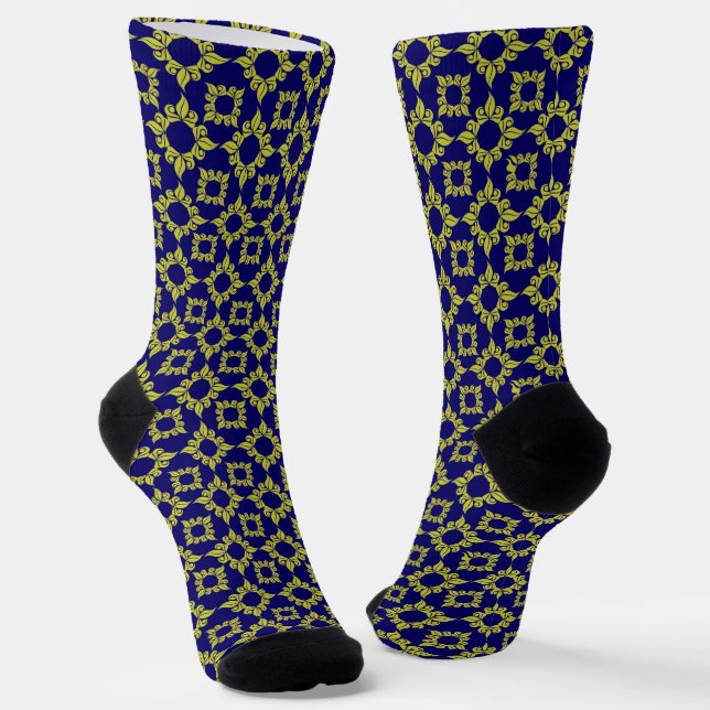 Luxury Mediterranean Tile Pattern Blue Yellow Socks (Angled)