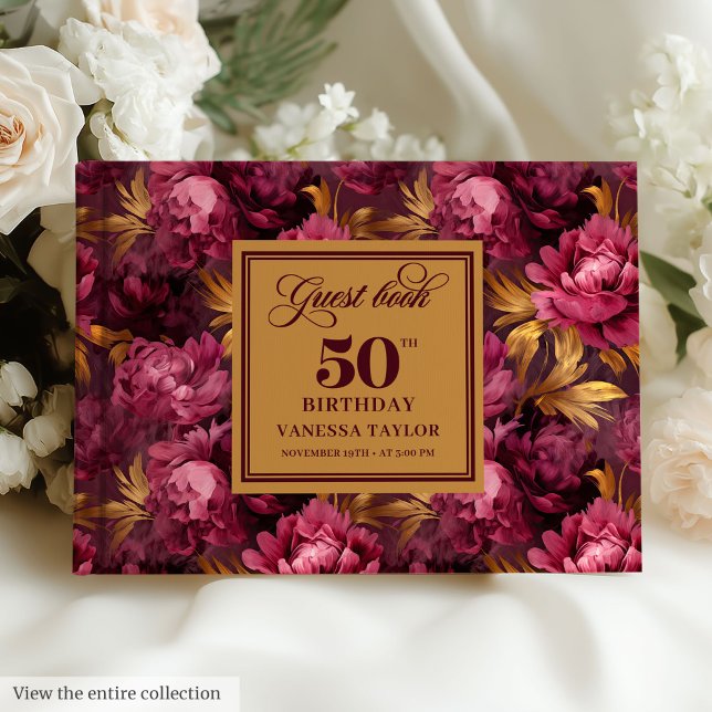 Luxury Merlot Blush Gold Floral 50th Birthday Guest Book (Luxury Merlot Blush Gold Floral 50th Birthday Guest Book)