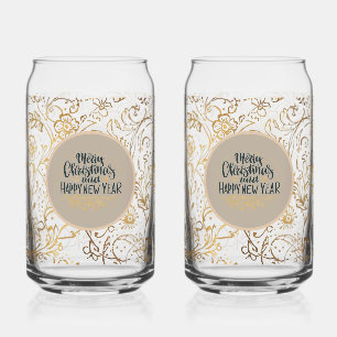 Luxury, Merry Christmas,Gold Taupe Flowers Pattern Can Glass