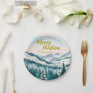 Luxury Merry xmas trees forest Gold script Holiday Paper Plate
