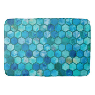 Luxury Metal Foil Glitter Aqua blue honeycomb Bath Mat
