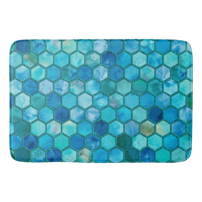 Luxury Metal Foil Glitter Aqua blue honeycomb Bath Mat (Front)