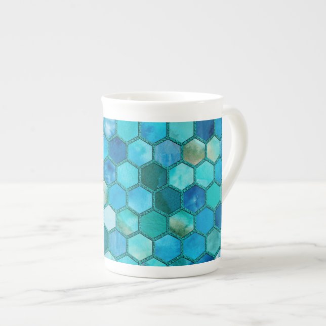 Luxury Metal Foil Glitter Aqua blue honeycomb Bone China Mug (Front Right)