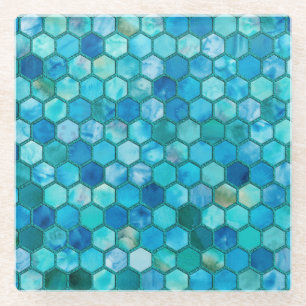 Luxury Metal Foil Glitter Aqua blue honeycomb Glass Coaster