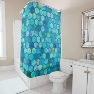 Luxury Metal Foil Glitter Aqua blue honeycomb Shower Curtain