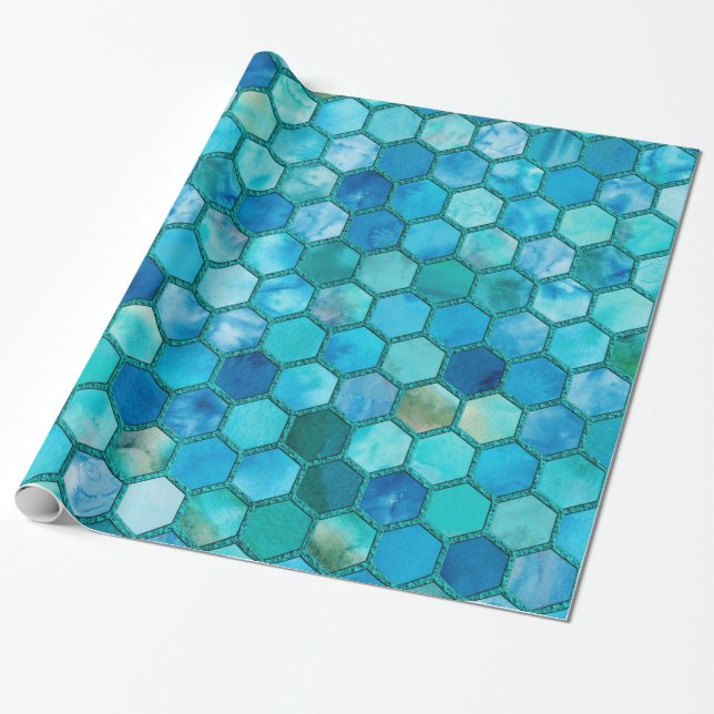 Luxury Metal Foil Glitter Aqua blue honeycomb Wrapping Paper (Unrolled)