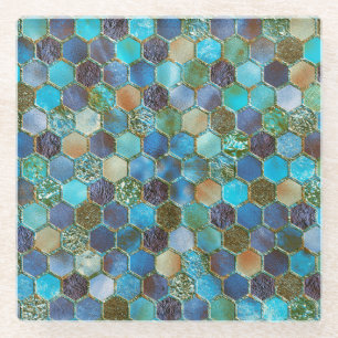 Luxury Metal Foil Glitter Aqua Teal honeycomb Glass Coaster