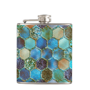 Luxury Metal Foil Glitter Aqua Teal honeycomb Hip Flask